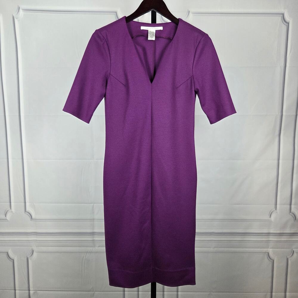 Diane von Furstenberg DVF Purple Wool Blend V-Neck Midi Sheath Dress Size 8
